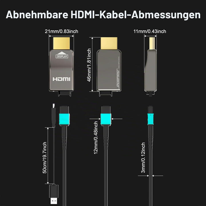 RUIPRO 8K HDMI 2.1 Kabel mit abnehmbarem Stecker aus reiner Glasfaser, 7,6 m, armiert, Ultra High Sp