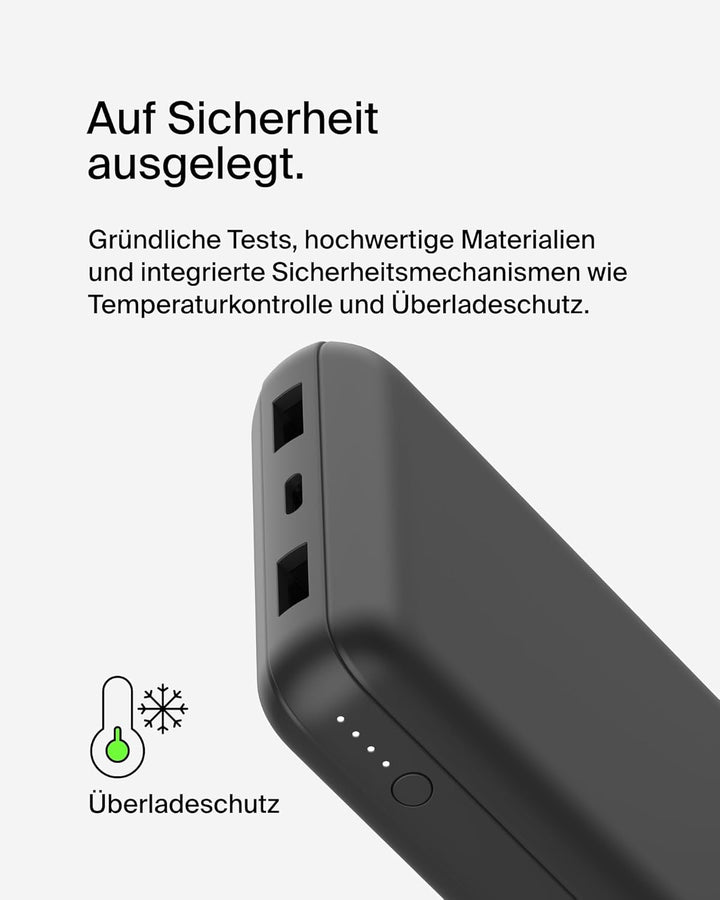 Belkin tragbares USB-C-Ladegerät, 20.000 mAh, 20K Powerbank mit USB-C-Ein-/Ausgang und 2 USB-A-Ansch