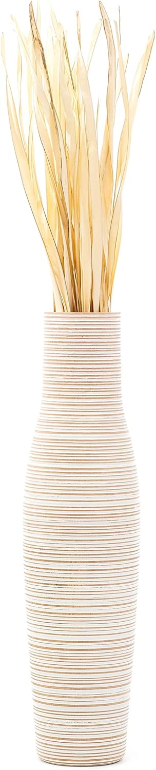 Leewadee Grosse Bodenvase für Dekozweige hohe Standvase Design Holzvase, Holz, 70 cm, White Wash 70