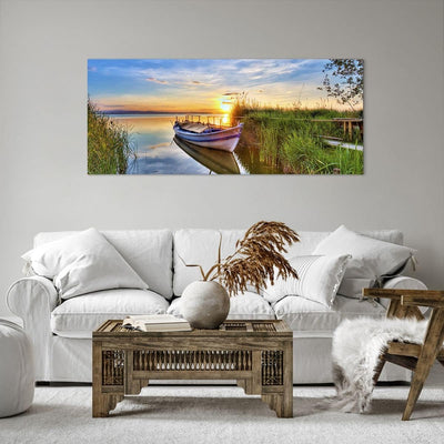 Wandbilder Dekoration Wohnzimmer See Boot Wasser Panorama Bilder auf Leinwand 120x50cm Leinwandbild