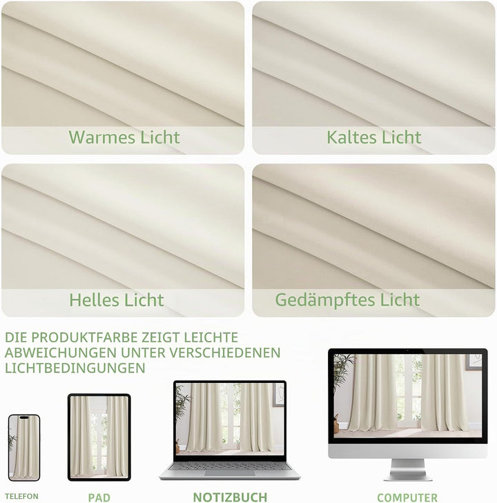 KGORGE Blickdichte Gardinen für Grosse Fenster Abdunkelnde Vorhänge Beige 2er Set 245 x 200 cm(HxB)
