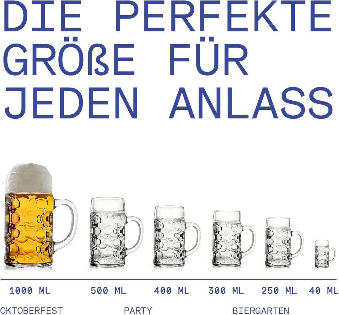 Stölzle Oberglas Bierkrug ISAR / 6er Set Bierkrüge 1 Liter/Stabiler Bier Krug/Masskrug aus Soda Lime