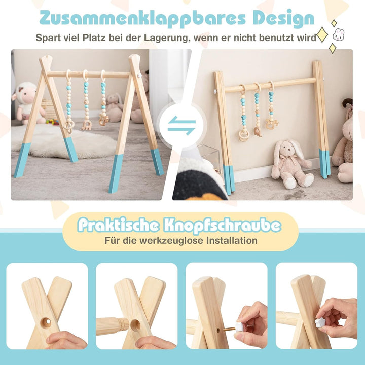 COSTWAY Baby Spielbogen Holz, Spieltrapez klappbar, Baby Gym mit 3 abnehmbaren Kinderspielzeugen, Sp