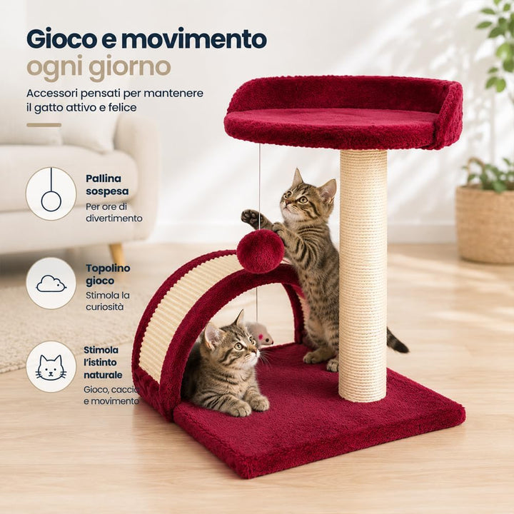 BAKAJI Kratzbaum für Katzen, aus weichem Velboa, mit Sisalstange, 50 cm, mit Spielball, Tunnel mit S