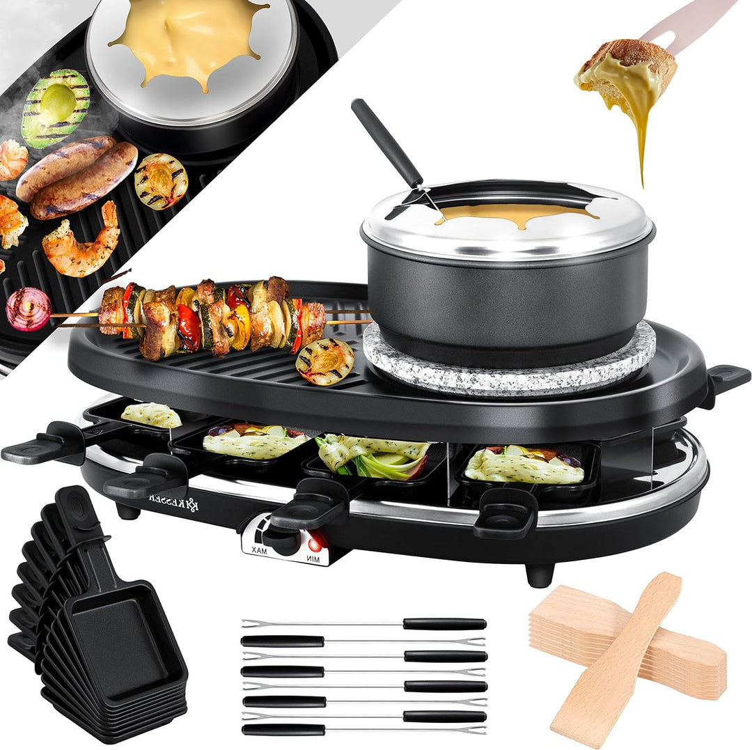 KESSER® 3in1 Raclette-Grill mit Naturgrillstein, Grillplatte und Fondue, Tischgrill für 8 Personen,