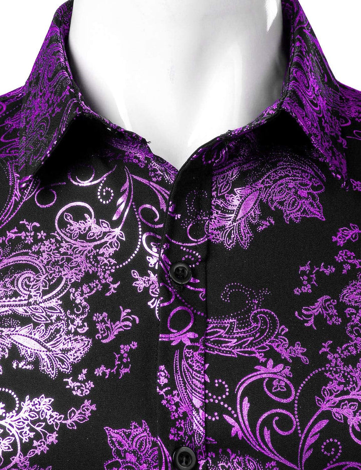 PARKLEES Herren Luxus Paisley Gemustert Golden Glänzend Slim Fit Freizeithemd M Schwarz Lila, M Schw