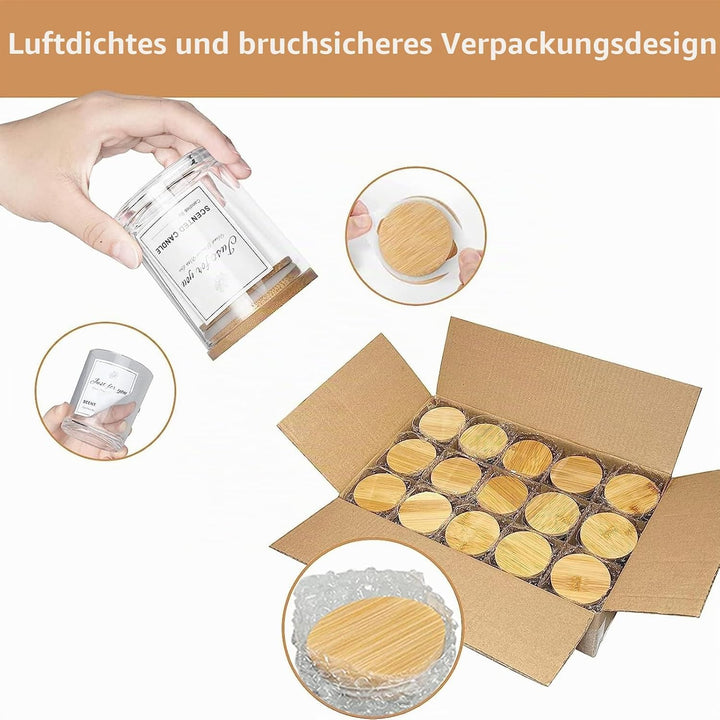 CONNOO 15 Stück 200 ml klarem Glas-Kerzengläser für die Herstellung von Kerzen mit luftdichten Bambu