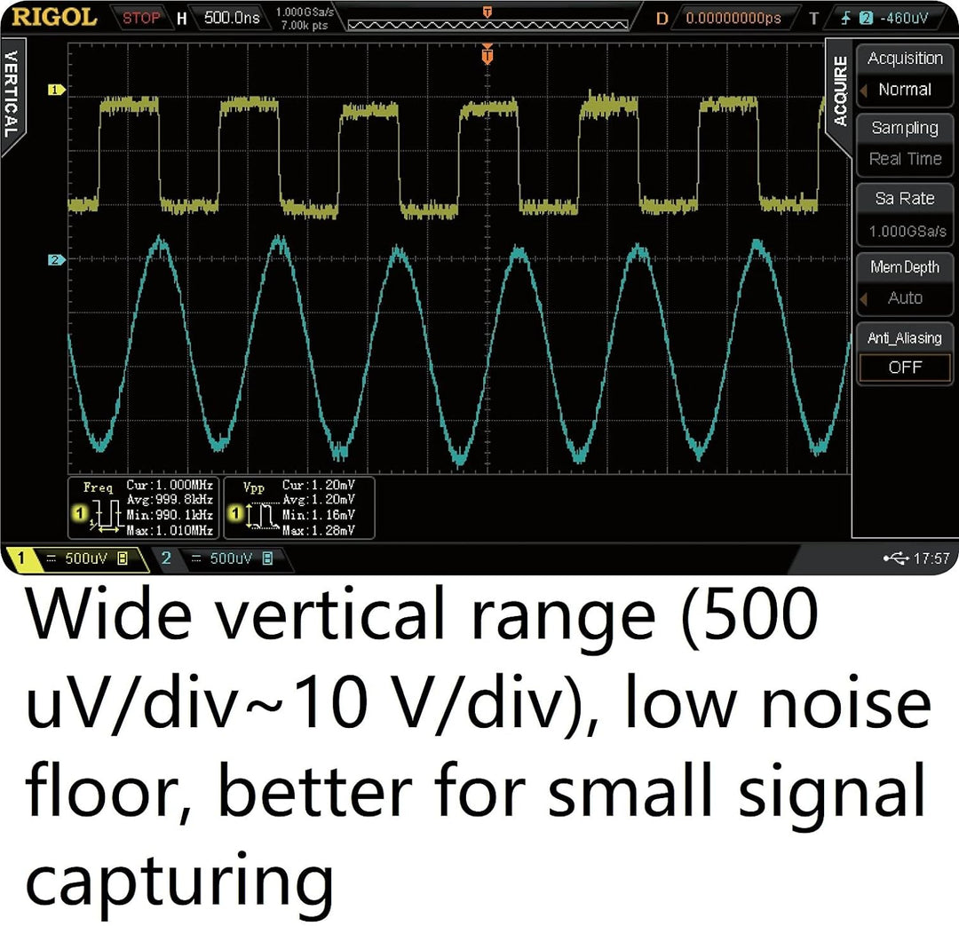 RIGOL DS2102A Digitaloszilloskop, 2 Kanäle, 100MHz, 2Gsa/s, 56Mpts, 52000wfms/s, freie Trigger und D