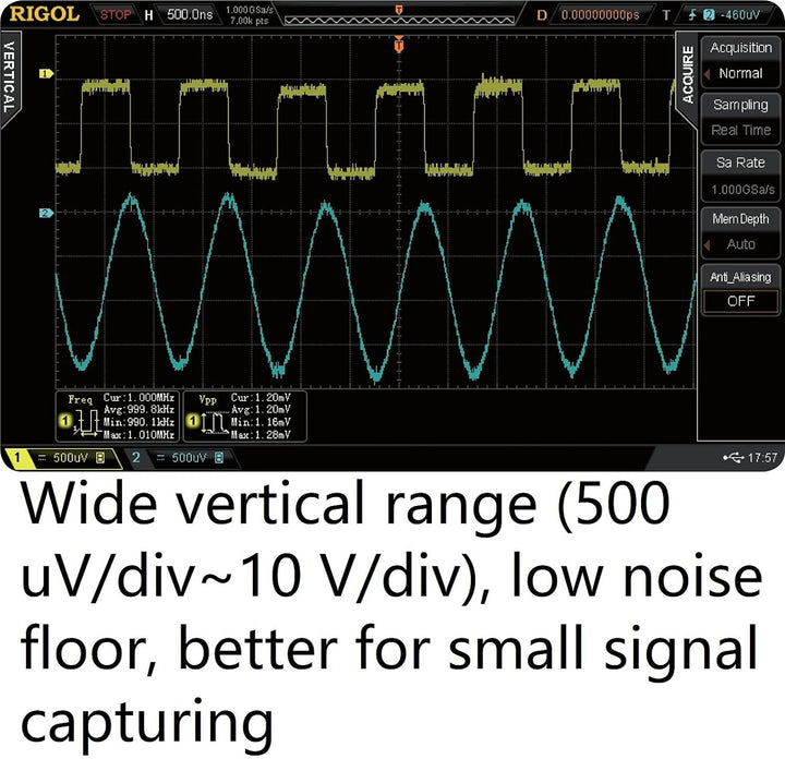 RIGOL DS2102A Digitaloszilloskop, 2 Kanäle, 100MHz, 2Gsa/s, 56Mpts, 52000wfms/s, freie Trigger und D
