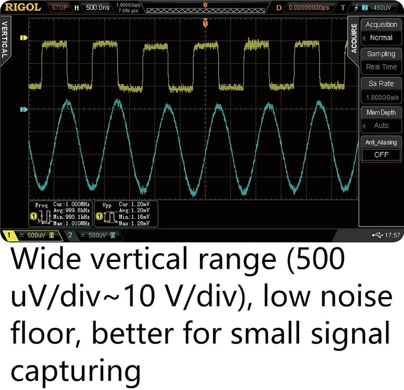 RIGOL DS2102A Digitaloszilloskop, 2 Kanäle, 100MHz, 2Gsa/s, 56Mpts, 52000wfms/s, freie Trigger und D