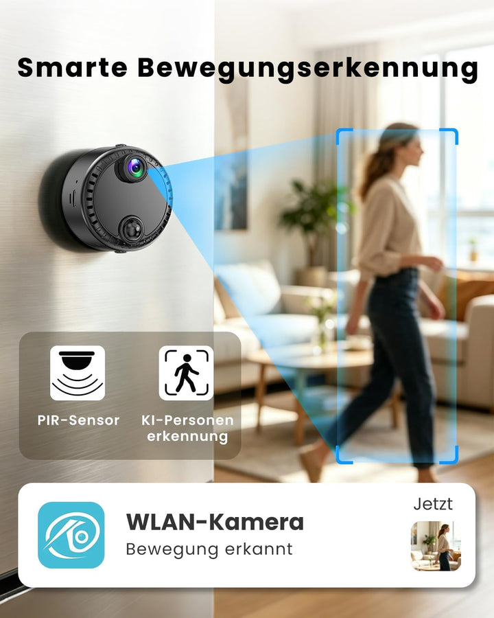 Mini Kamera 4K WLAN Überwachungskamera innen kabellos mit Akku, 2,4/5 GHz WiFi, Live-Übertragung auf