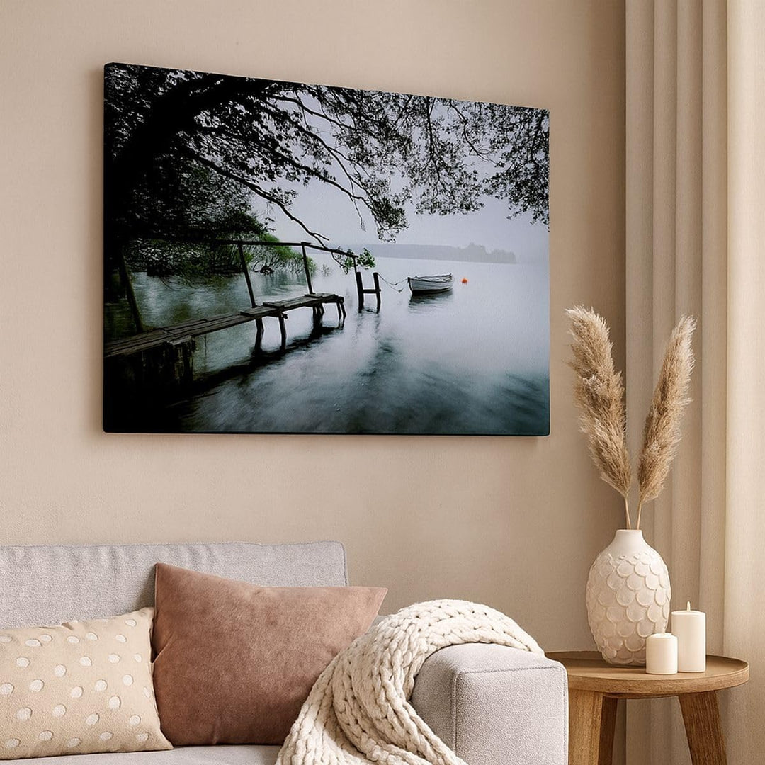 Bilder auf Leinwand See Dock Boot Bäume Leinwandbild mit Rahmen 70x50cm Wandbilder Dekoration Wohnzi