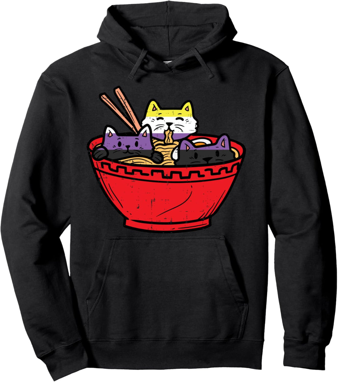 Cats in Ramen Anime Food LGBTQ Non-Binary Flag Genderqueer Pullover Hoodie