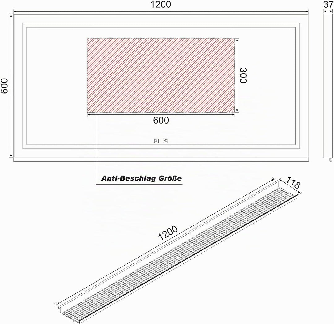 SONNI LED Badspiegel 120x60cm mit 120cm Ablage, Touch Spiegel 3 Lichtfarben, Anti-Beschlag, Ablage m