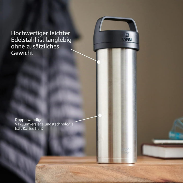 ESPRO Reise French Press Ultralight, Mini Coffee Maker mit Thermo-Funktion, 475ml, edelstahl Edelsta
