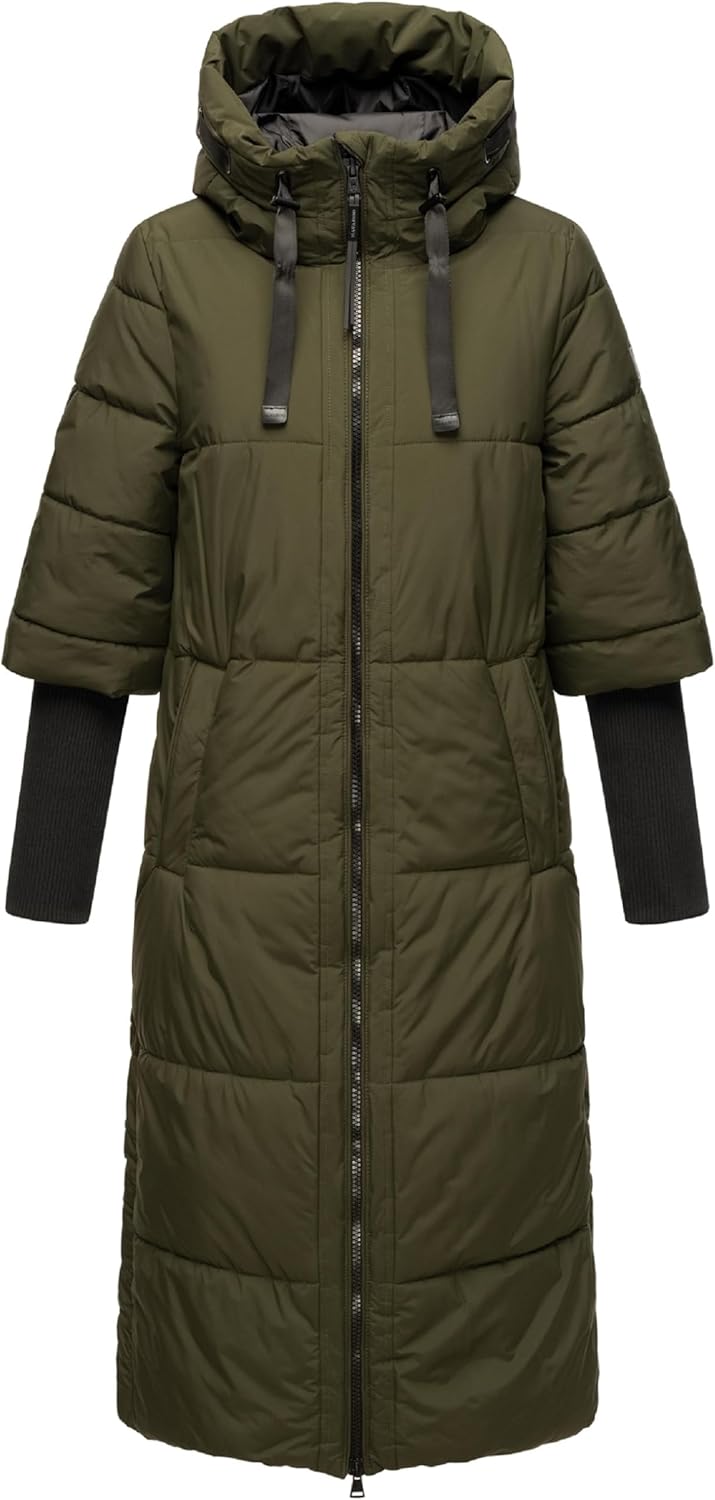 Navahoo Damen langer Wintermantel warmer Steppmantel mit Kapuze und Rippstrickärmeln Ciao Miau XIV X