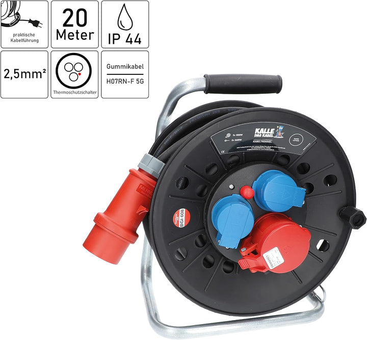 KALLE DAS KABEL Kabeltrommel RED Starkstrom mit 2 Schukosteckdosen und einer CEE 400V Steckdose H07R