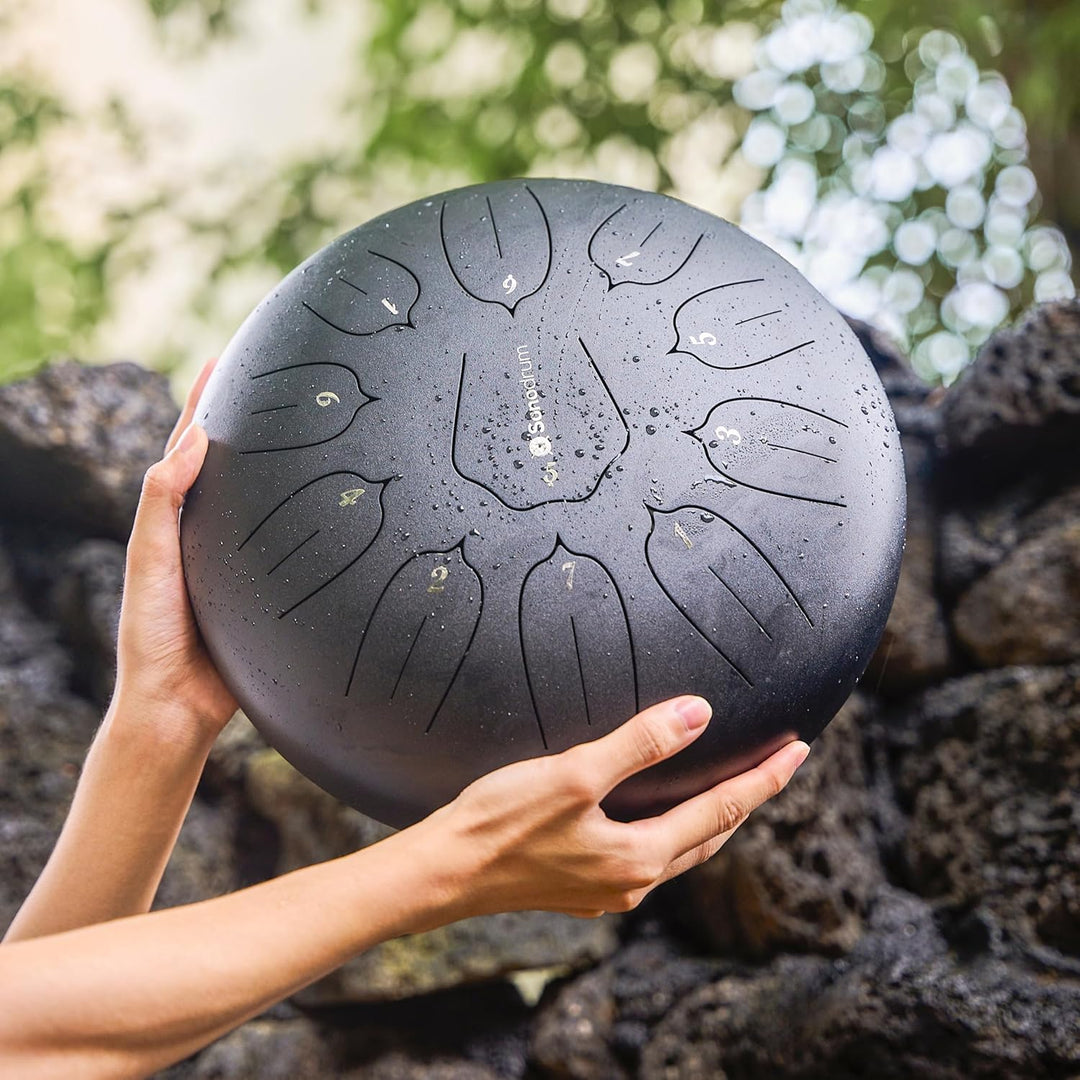 Sonodrum Zungentrommel "Standard 30cm D-Dur" in Schwarz - Tongue Drum inkl. Schlägel, Liederbuch und