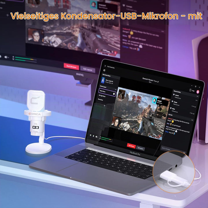 COMICA EJoy Uni USB Gaming Mikrofon für PC mit Rauschunterdrückung, Monitor, Gain, Stummschaltung, R