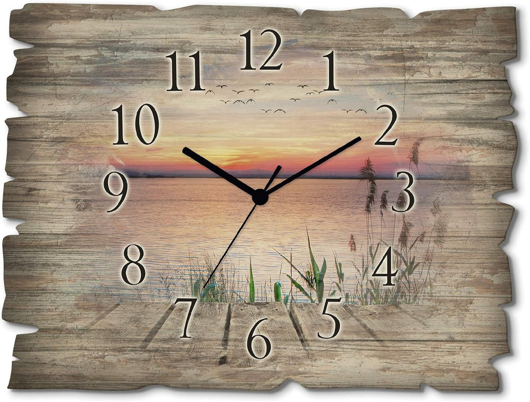 ARTLAND Wanduhr ohne Tickgeräusche aus Holz Quarzuhr 40x30 cm Rechteckig LautlosSee Steg Landschaft