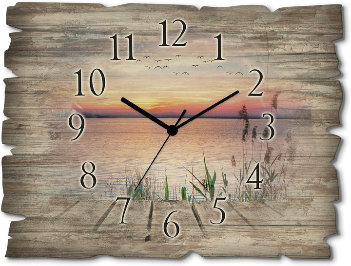 ARTLAND Wanduhr ohne Tickgeräusche aus Holz Quarzuhr 40x30 cm Rechteckig LautlosSee Steg Landschaft