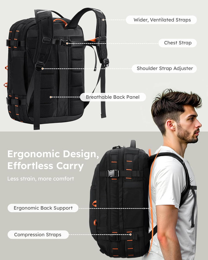 Tolaccea Reiserucksack, Handgepäck Flugzeug, TSA Freundlich Handgepäck Rucksack 35L-45L, Travel Back