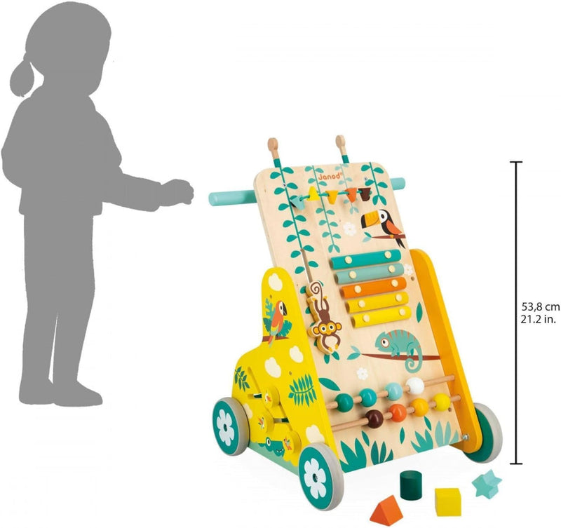 Janod - Multi-Aktivitätswagen Tropik - Laufwagen aus Holz - Lernspielzeug mit 6 Aktivitäten - Leise