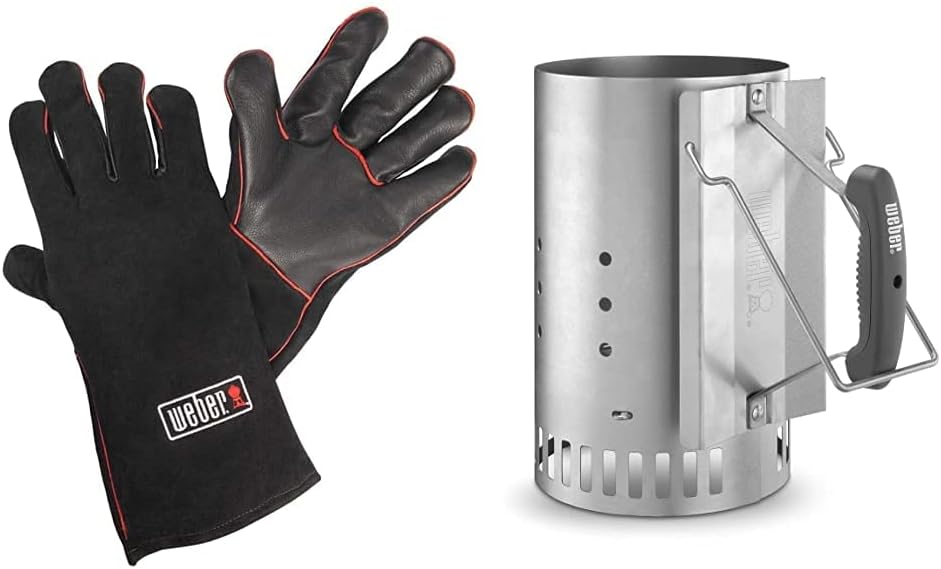 Weber 17896 Leder-Grillhandschuh, schwarz & 7416 Anzündkamin Rapidfire, Grillen mit Kohle, Anzünden,