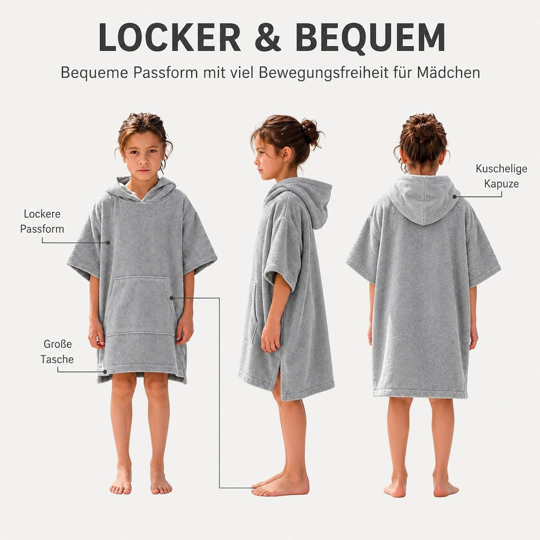 Badeponcho Kinder aus - Saugstarker Bademantel Kinder Frottee mit Kapuze &amp; Tasche - Schnelltrocknend