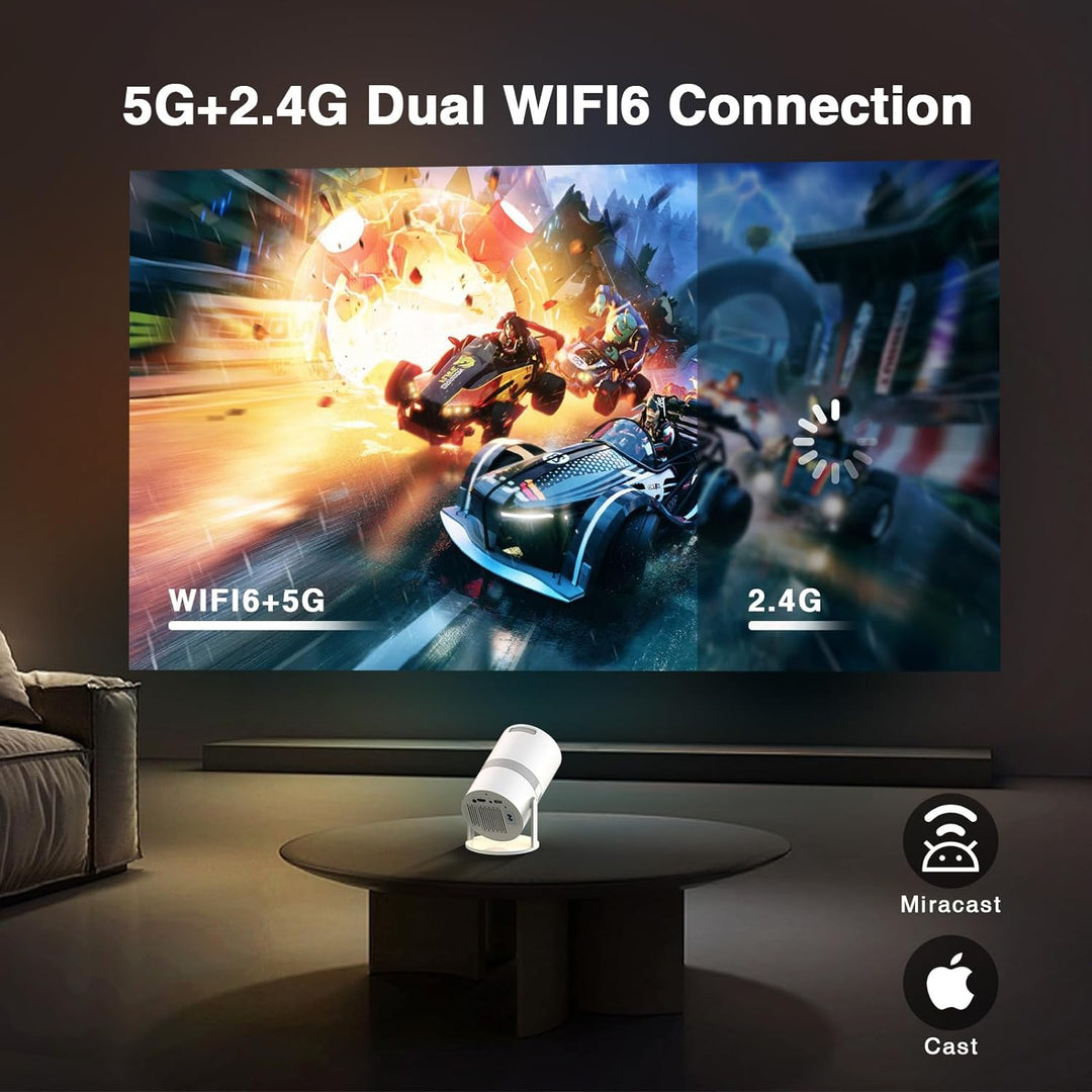 Mini Beamer Auto Trapezkorrektur mit Android OS, 210°Drehbarer, Smart Beamer WiFi6 Bluetooth mit 50%