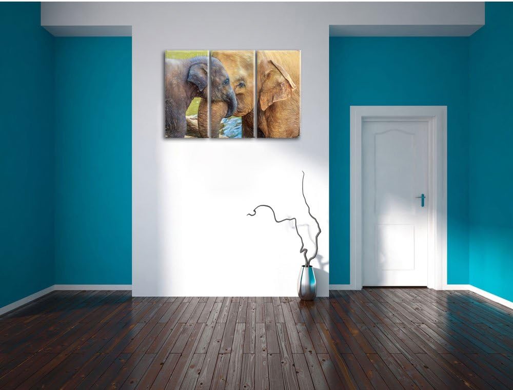 Pixxprint liebevolle Elefantenmutter mit Kalb Kunst Buntstift Effekt 3-Teiler Leinwandbild 120x80 Bi