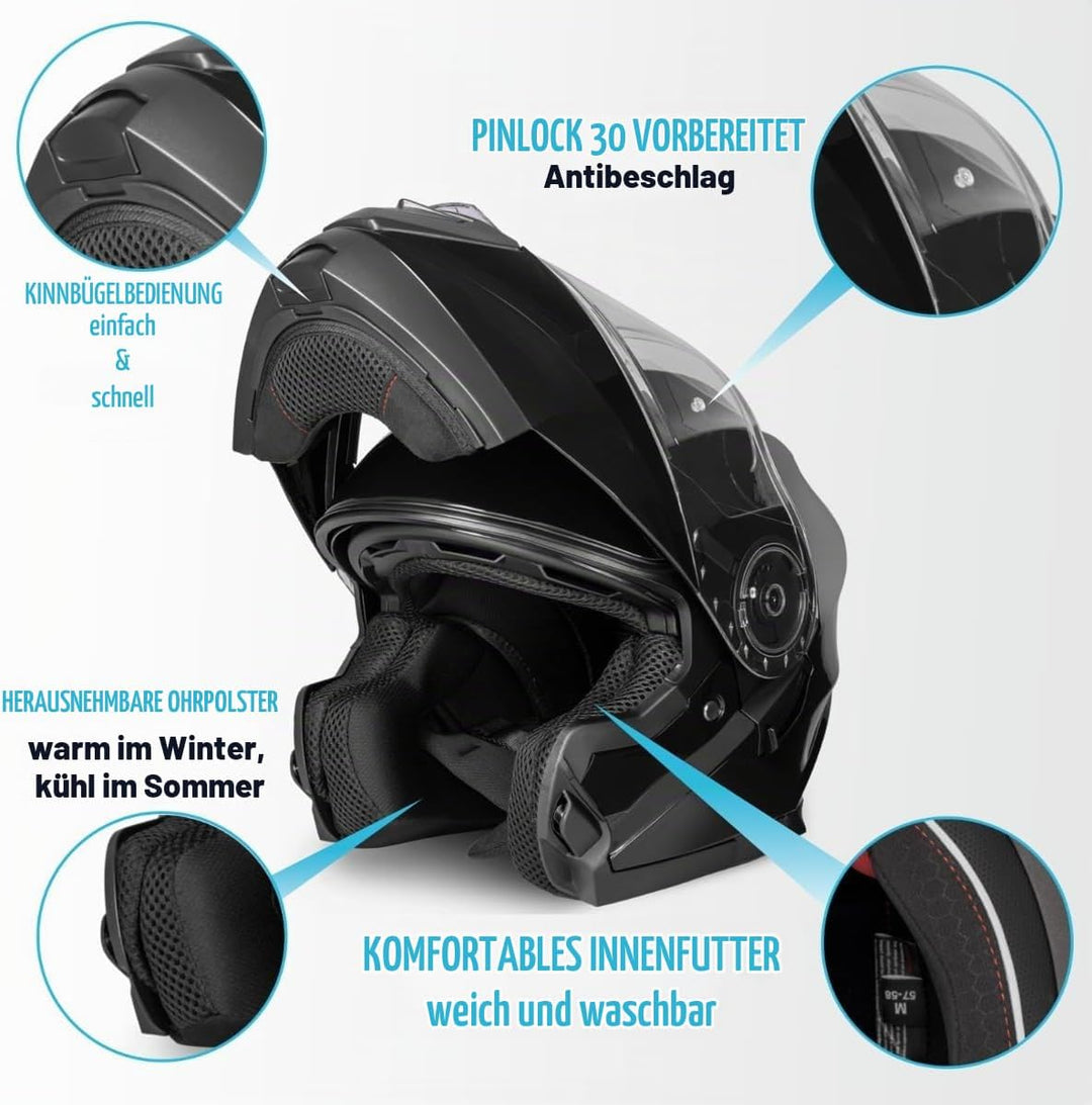 Santos Klapphelm mit Sonnenblende | ECE 22.06 &amp; PINLOCK vorbereitet | Motorrad Helm Integralhelm | M