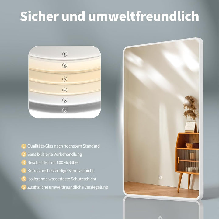 HOKO LED Badspiegel 50x70 cm / 70x50 cm Alaska mit Weisser Metall Rahmen, HOCH+QUER Montage. Touch S