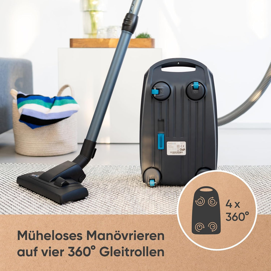 hoogo B3+ anthrazit Staubsauger mit Beutel | Starke 850 W Saugleistung | HEPA 14 Filter | 11m Radius