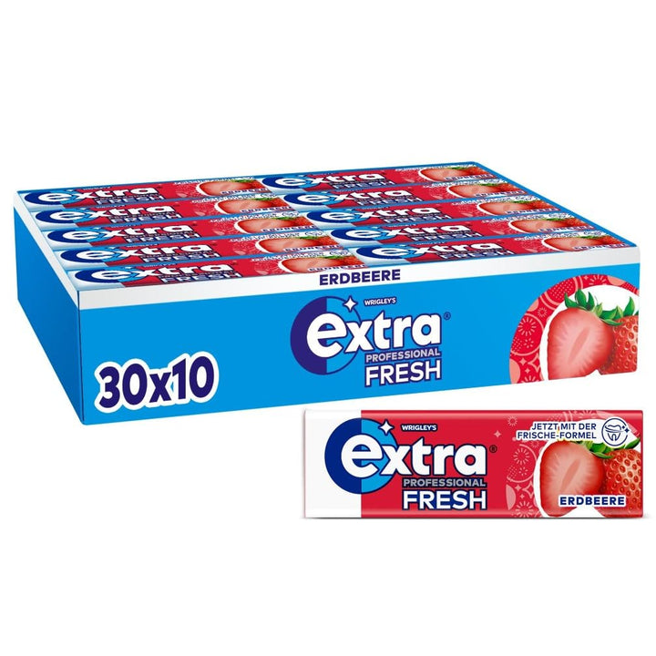 Extra Professional Fresh Erdbeere, Zuckerfreier Kaugummi, Multipack mit 30x10 Dragees, Für frischen