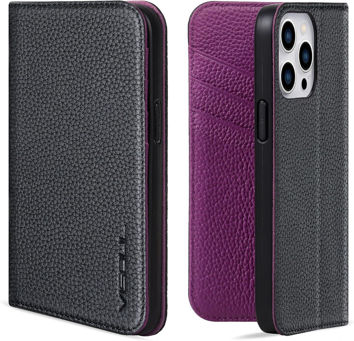 VISOUL Hülle für iPhone 13 Pro, Schutzhülle [Echt Leder] [Schützt vor Stoss] [Kartenfach] [Magnetver