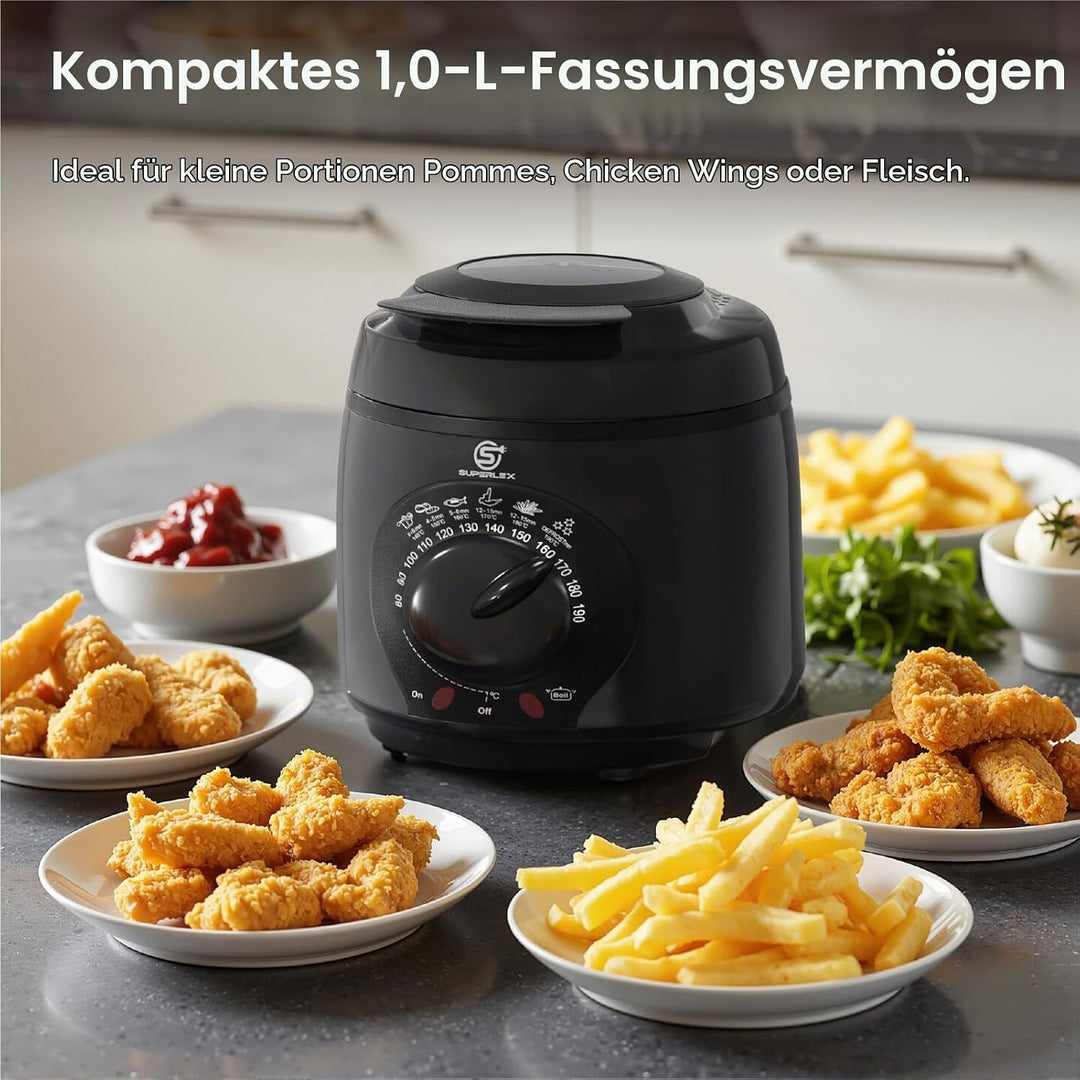 Friteuse mit Fett 1L Elektrische 950W Kompakte Mini Fritteuse Öl mit Temperaturregelung Edelstahl Fi