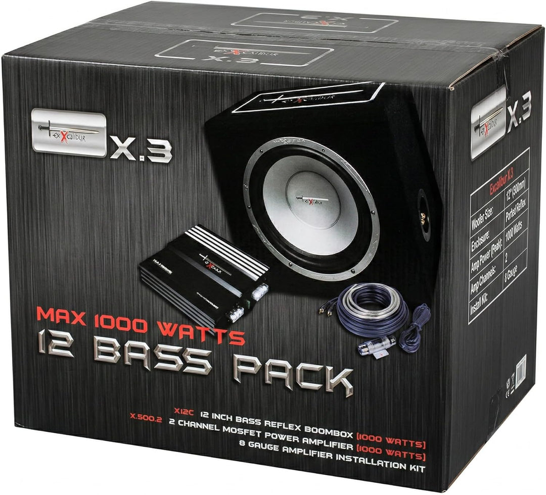 AutoStyle Excalibur X.3 Extreme Reflex-Bass-Boxen-Set, 30,5 cm, mit 1000 W Verstärker, Kabelset und