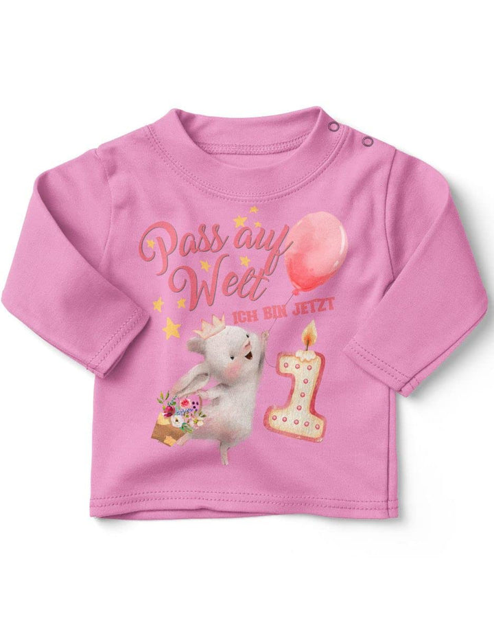 miKalino Baby/Kinder Longsleeve mit Spruch Pass auf Welt Ich Bin jetzt Eins 1 Hase mit Herzluftballo