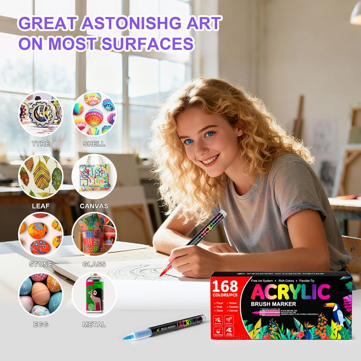 168 Farben Acrylstifte für Steine Wasserfest, Permanent Acrylic Marker, Pinselspitze Acrylstifte für
