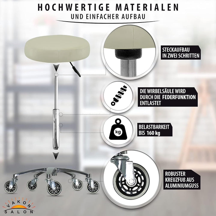 Premium Rollhocker weiss höhenverstellbar von 50 bis 65 cm - Rundsitz- Drehhocker Arbeitshocker Prax