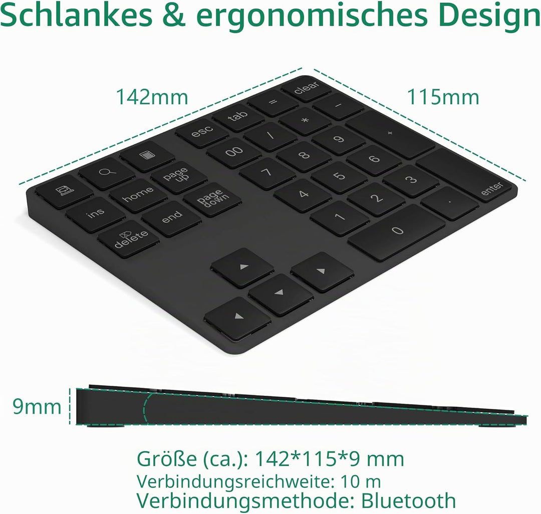 Bluetooth Ziffernblock 34-Tasten kabellos Bluetooth Numpad wiederaufladbar Tastatur Numerische Tasta