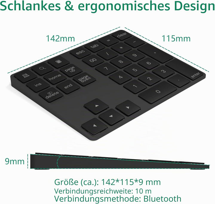 Bluetooth Ziffernblock 34-Tasten kabellos Bluetooth Numpad wiederaufladbar Tastatur Numerische Tasta