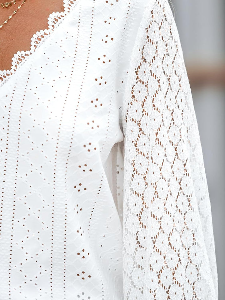 CUPSHE Damen Blusen V-Ausschnitt Spitzen Wellenkante Puffärmel Langarmshirt Lässige Lace Oberteile T
