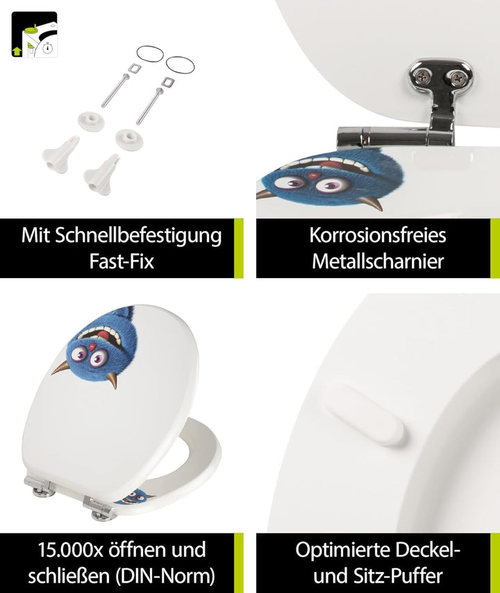 'aquaSu® WC-Sitz mit Absenkautomatik, lustiges Dekor Monster Ecky, Toilettensitz mit Holzkern & Fast