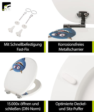 'aquaSu® WC-Sitz mit Absenkautomatik, lustiges Dekor Monster Ecky, Toilettensitz mit Holzkern & Fast