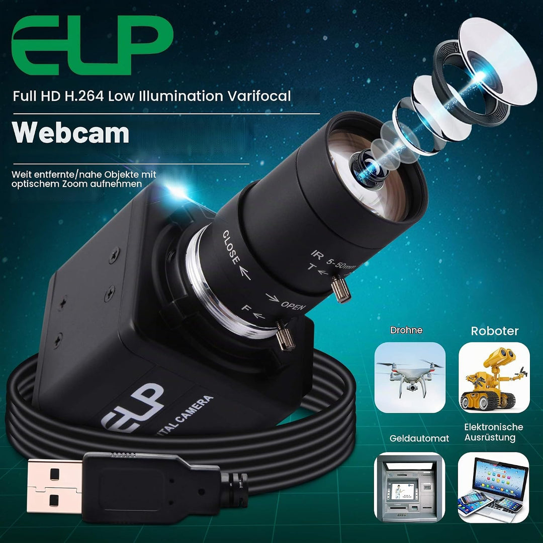 ELP FHD 1080P Zoom Webcam mit 5-50mm Variable Fokus Objektiv,2MP IMX323 Web Kamera Plug&amp;Play,0.01Lux