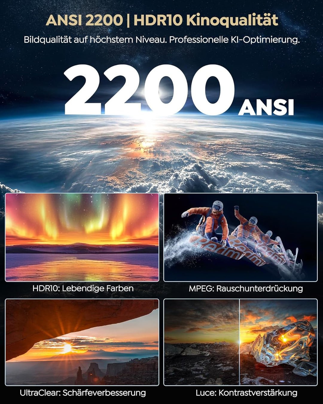 Beamer 4K [2200 ANSI|Google TV|1000+ Offizielle Apps] Beamer Heimkino 4K Unterstützt Autofokus Auto