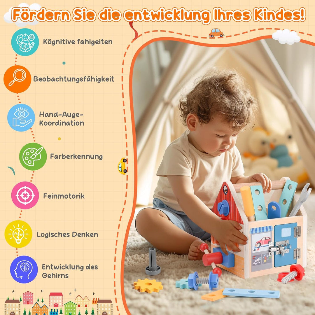 Werkzeugkoffer Kinder – Montessori Werkzeugkoffer Holz –Holzspielzeug Werkzeugkasten für Kinder ab 3