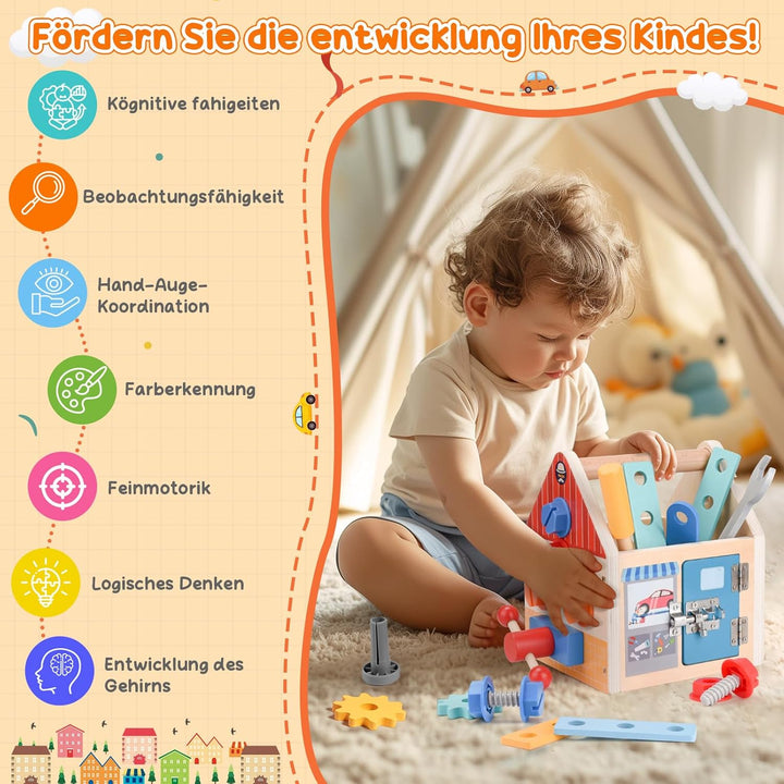 Werkzeugkoffer Kinder – Montessori Werkzeugkoffer Holz –Holzspielzeug Werkzeugkasten für Kinder ab 3